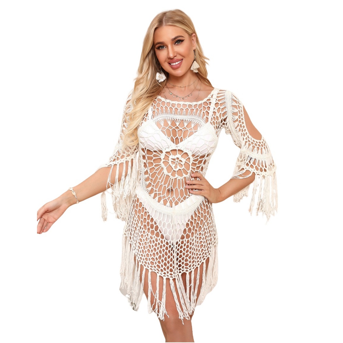 Crochet Knit Hollow Tassel Beach Cover Up Dress Boho Swimsuit Cover Up Summer